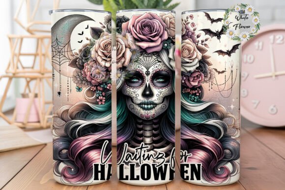 Funny Skeleton Waiting for Halloween Graphics for Tumbler Wraps