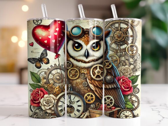 Owl Steampunk Valentines Tumbler Wraps Graphics