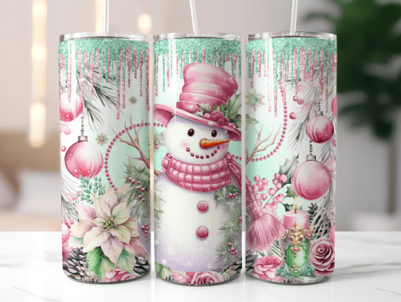 Pink & Mint Snowman Tumbler Wraps Graphics